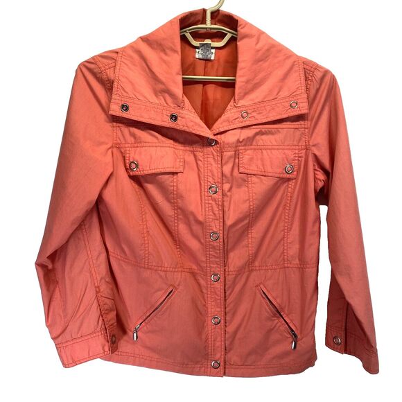 Chico's Womens Jacket Size 2 Weekends Orange Long Sleeve Snap Button Windbreaker - Picture 1 of 10